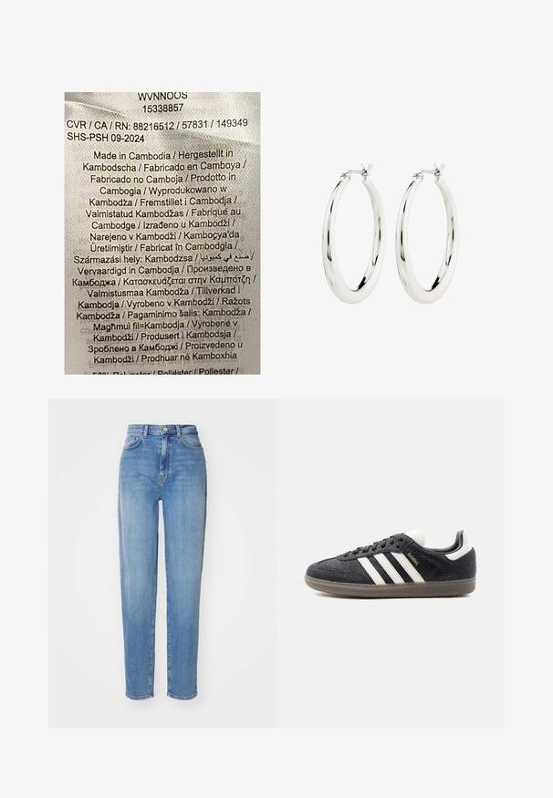 Label met multikleurige tekst op een lichte stofachtergrond. Geeft vervaardigingsdetails in verschillende talen weer; vermeldt voornamelijk "Gemaakt in Cambodja."; Lichtblauwe hoge taille jeans met rechte pijpen. Gemaakt van denim, met vijf zakken en een knoopsluiting aan de voorkant. Soepele textuur.; Zwarte Adidas Samba sneaker met witte strepen, gumzool en gouden "Samba" tekst aan de zijkant, gezien van links op een effen achtergrond.; Zilveren oorbellen in de vorm van een gladde, glanzende ring. Circulaire vorm, voorzien van een veilige sluiting. Eenvoudig en elegant ontwerp.