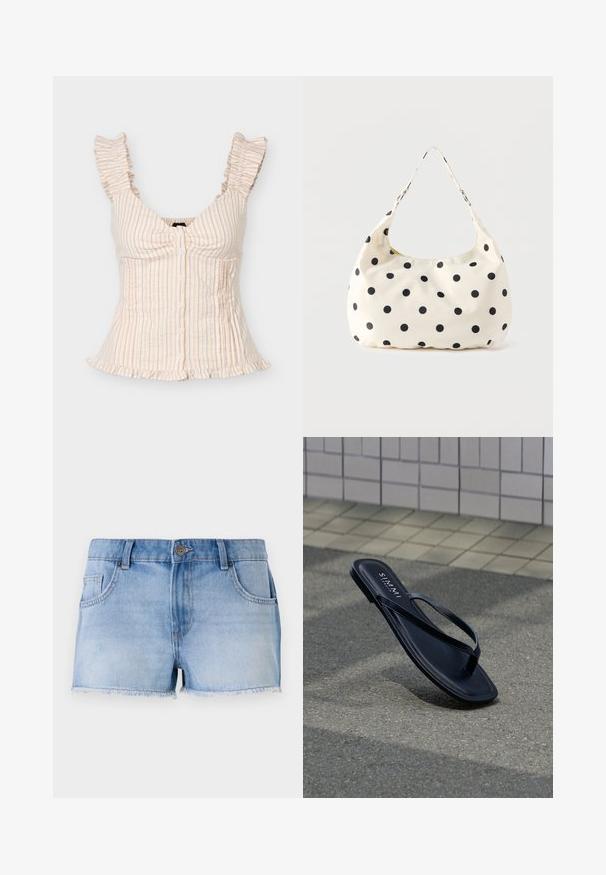 Blouse sans manches beige et blanche rayée avec bretelles à volants, boutonnage devant, taille cintrée et ourlet à volants.; Shorts en denim bleu clair avec un ourlet effiloché, cinq poches et une fermeture à bouton à l'avant. Présente un délavage passé et une coupe droite.; Sandale tongs en cuir noir avec des lanières fines reposant sur un trottoir gris près d'un mur carrelé, avec la marque "S. MAMMI" inscrite sur la semelle intérieure.; Sac à main en tissu crème avec des pois noirs et une seule bandoulière, présenté sur un fond blanc uni.