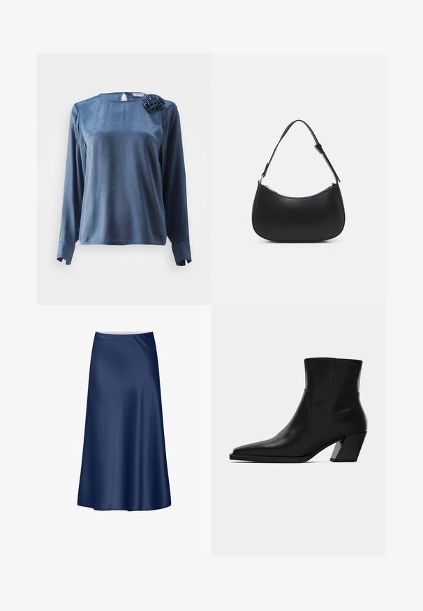 VILA VIKENCA ROSE - Bluse - coronet blue; Mørkeblå satin A-line nederdel med en glat tekstur, flydende design og en mellemlang længde. Har en ren talje med ingen yderligere detaljer.; Sortlæder ankelstøvle med spids tå, en slank silhuet og en kraftig firkantet hæl. Glat tekstur med minimale stikninger.; Pieces PCALUANA SHOULDER BAG - Håndtasker - black