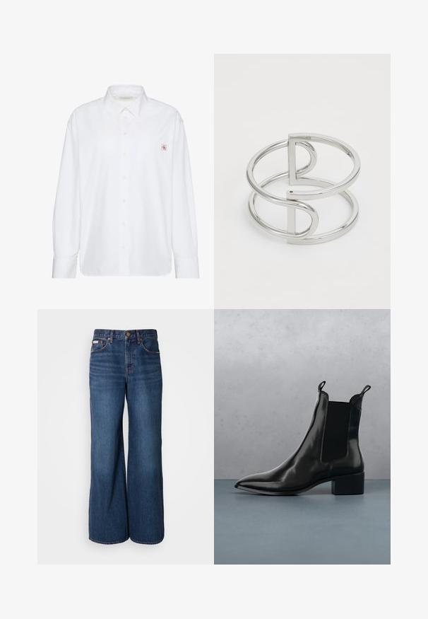 Hvid skjorte med lange ærmer og knapper, spidse krave og lille Calvin Klein-logo på venstre brystlomme.; Bredde jeans lavet af mørkeblåt denim. Funktioner inkluderer en høj talje, fem lommer og kontrasterende orange syninger langs sømmene.; Sort læder Chelsea boot med spids tå, elastiske sidepaneler og en kraftig hæl, hvilende over en overflade med sten- og trædesign.; Sølv metal armbånd med en dobbeltloopdesign, der har en glat, blank overflade og en minimalistisk geometrisk accent.