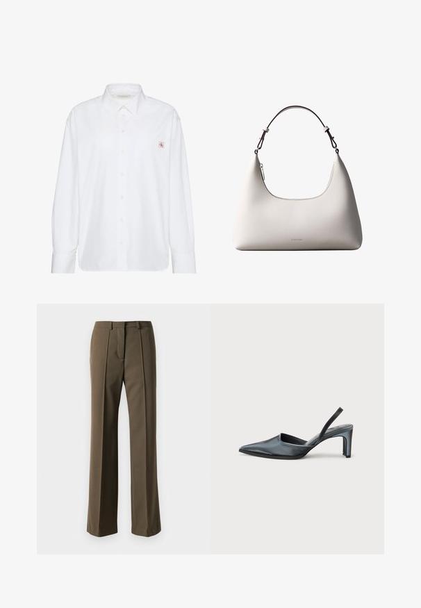 Camisa blanca de manga larga con botones, cuello puntiagudo y pequeño parche con el logo de Calvin Klein en el bolsillo izquierdo del pecho.; Pantalones marrones a medida con un corte recto, frente plisado y cinturilla clásica. Fabricados en un tejido suave con un acabado refinado.; Tacón destalonado negro con punta puntiaguda, acabado de satén elegante y tacón delgado de 3 pulgadas. Diseño lateral abierto con detalle mínimo de costuras.; Bolso de hombro de cuero color crema de Calvin Klein con borde superior curvado, cremallera plateada y correa ajustable marrón oscuro.