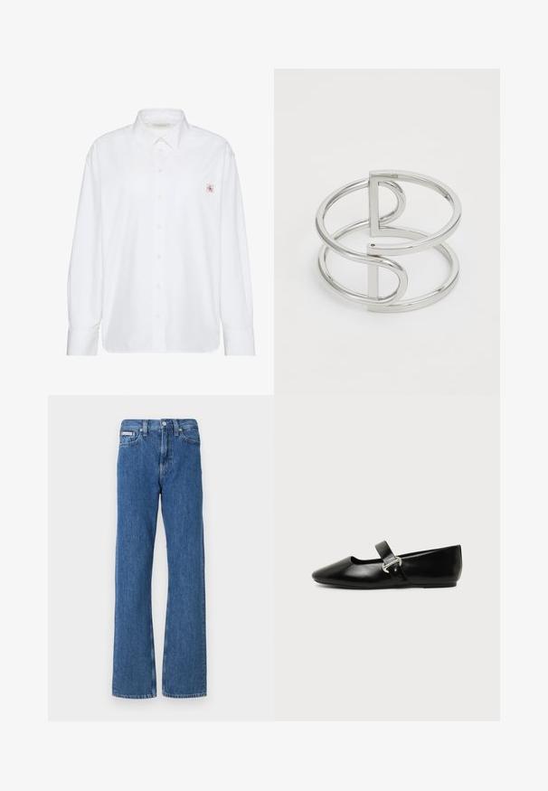 Camisa blanca de manga larga con botones, cuello puntiagudo y pequeño parche con el logo de Calvin Klein en el bolsillo izquierdo del pecho.; Vaqueros de mezclilla azul con un diseño de pierna recta, con una cintura de altura media, bolsillos delanteros y un sutil detalle desgastado.; Zapato plano Mary Jane de cuero negro con punta redondeada y hebilla plateada sobre un fondo liso.; Brazalete de metal plateado con un diseño de doble lazo, acabado liso y brillante, y un acento geométrico minimalista.