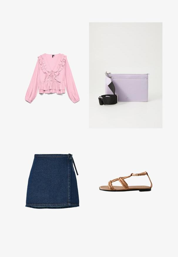 Blusa rosa claro de manga larga con escote en V profundo, ribete con volantes a lo largo del escote y la parte delantera, detalle de lazo en el frente y bajo con volantes en capas.; Falda de mezclilla con diseño envolvente, de color azul oscuro y cinturilla anudada. Presenta detalles de costura a lo largo del dobladillo y la costura lateral.; Sandalia plana color cuero con correas trenzadas, hebilla en el tobillo y suela negra, mostrada de lado sobre un fondo blanco.; Bolso cruzado de cuero morado con dos compartimentos con cremallera y una correa negra desmontable. Textura suave, diseño minimalista y detalles de hardware plateado.