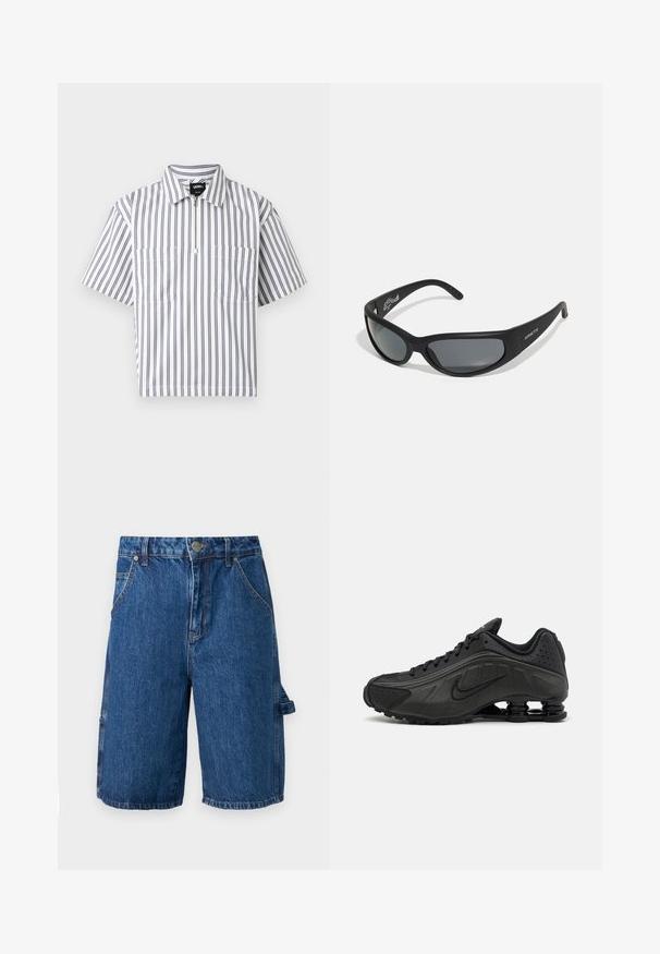 Chemise blanche à manches courtes avec des rayures grises verticales, une fermeture éclair à l'avant, deux poches poitrine, et un col plié, présentée sur fond blanc.; Shorts en denim d'une couleur bleu moyen, dotés d'une taille haute, de deux poches avant et d'une poche latérale avec une sangle. Texture lisse, design décontracté.; Baskets de course noires avec une tige en synthétique lisse, des accents perforés, des panneaux latéraux texturés et une semelle distincte et rebondissante.; Lunettes de soleil noires avec une monture incurvée et des verres teintés. Présente un fini mat et le nom de la marque "ARNETTE" sur le côté.