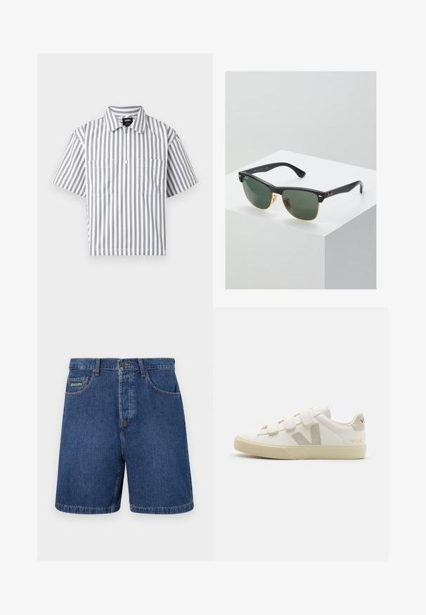 Weißes Kurzarmhemd mit vertikalen grauen Streifen, einem Reißverschluss vorne, zwei Brusttaschen und einem umgeschlagenen Kragen, dargestellt auf weißem Hintergrund.; Dunkelblaue Jeansshorts im klassischen Schnitt, mit Fronttaschen, Gürtelschlaufen und einem sichtbaren Markenschild an der linken Tasche.; Weiße Leder-Sneaker mit Klettverschlüssen, beigen Akzenten, runder Zehenform, strukturiertem Gummisohle und eingeprägtem Logo. Minimalistisches Design.; Ray-Ban Sonnenbrillen mit grünen Gläsern, schwarzen Kunststoffrahmen und goldenen Akzenten an den Rändern. Quadratische Form mit matter Oberfläche.