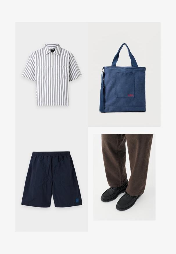 Chemise blanche à manches courtes avec des rayures grises verticales, une fermeture éclair à l'avant, deux poches poitrine, et un col plié, présentée sur fond blanc.; Shorts bleu marine en matériau léger avec une taille élastique et un petit logo carré GAP en bas à droite.; Chaussures en cuir noir avec une finition lisse, bout arrondi et design à lacets, associées à un pantalon marron texturé. Vue en contre-plongée.; Sac fourre-tout en toile bleue avec poche frontale et broderie rouge "O.N.S", doté de doubles poignées et d'une bandoulière réglable.