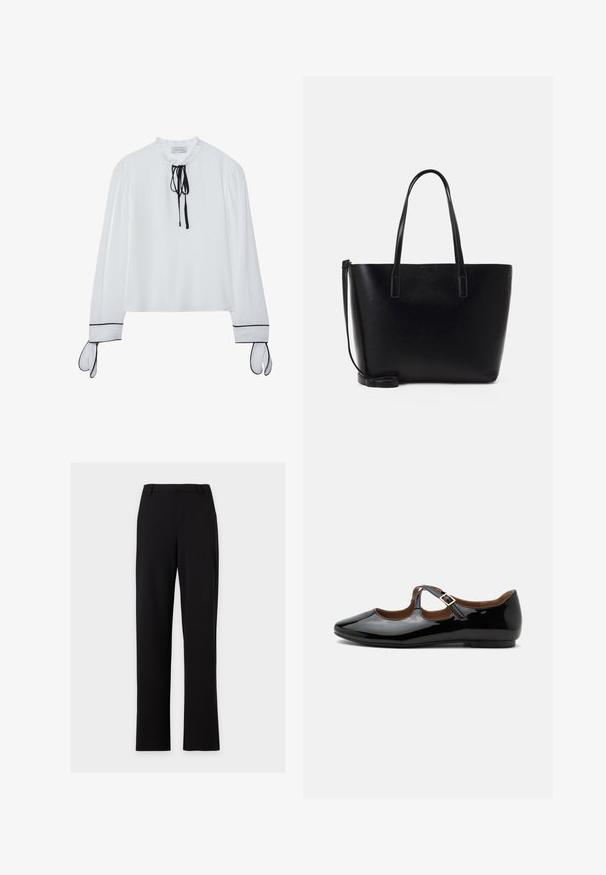 Blusa blanca con escote voluminoso, detalle de corbata negra y mangas largas con acentos negros en los puños. Tejido suave, corte relajado.; Pantalones de vestir negros de corte recto con trabillas para cinturón y sin bolsillos visibles, mostrados sobre un fondo gris claro sencillo.; Zapato plano Mary Jane de charol negro con dos recortes y una correa con hebilla dorada sobre fondo blanco.; Bolso tote de cuero negro con dos asas largas, forma estructurada, textura suave y correa de hombro desmontable. Detalle de marca sutil.