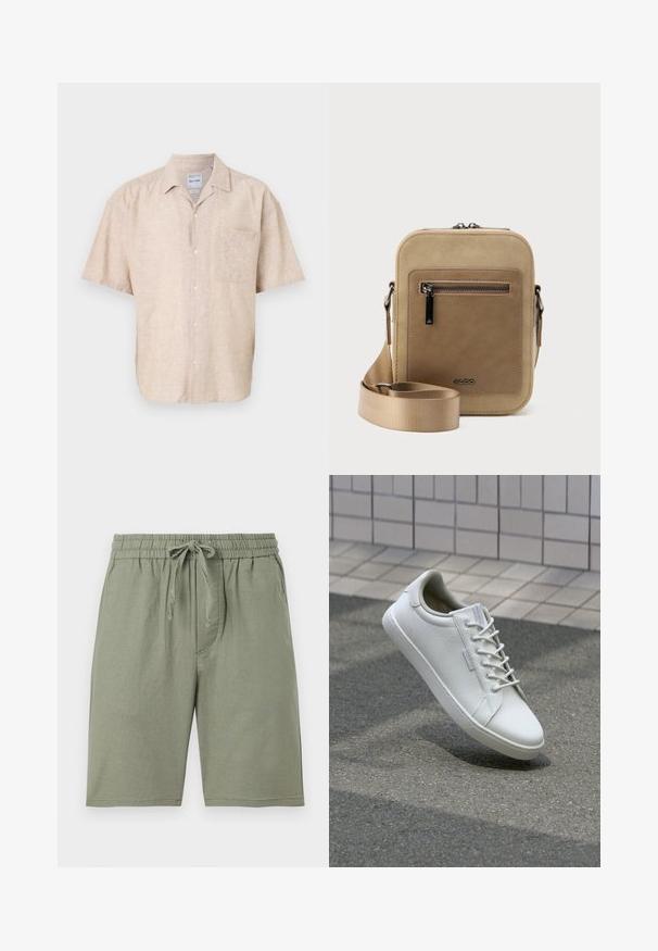 Chemise à manches courtes en mélange de lin beige, dotée d'une poche poitrine, d'une texture subtile et d'un design de col classique.; Shorts en coton vert clair avec une taille élastique et un cordon de serrage réglable. Comprend des poches latérales et une coupe au niveau du genou.; Baskets blanches en cuir texturé, avec un système de laçage à l'avant, une semelle en caoutchouc robuste et un design minimaliste avec un embout renforcé.; Petit sac bandoulière beige avec poche avant zippée, logo métallique ALDO, sangle large ajustable et forme rectangulaire arrondie sur fond blanc.