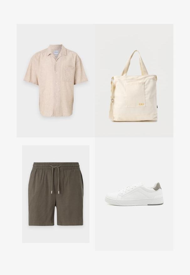 Chemise à manches courtes en mélange de lin beige, dotée d'une poche poitrine, d'une texture subtile et d'un design de col classique.; Shorts vert foncé avec une taille élastique, fermeture à cordon de serrage et une texture lisse et légère. Pas de poches visibles ni de motifs.; Basket blanche en cuir lisse, à bout arrondi, design minimaliste, accent de talon gris et semelle en caoutchouc texturé.; Sac fourre-tout en toile crème avec poche avant, deux poignées, bandoulière réglable et petit texte jaune "O.N.S" en bas à droite de la poche.