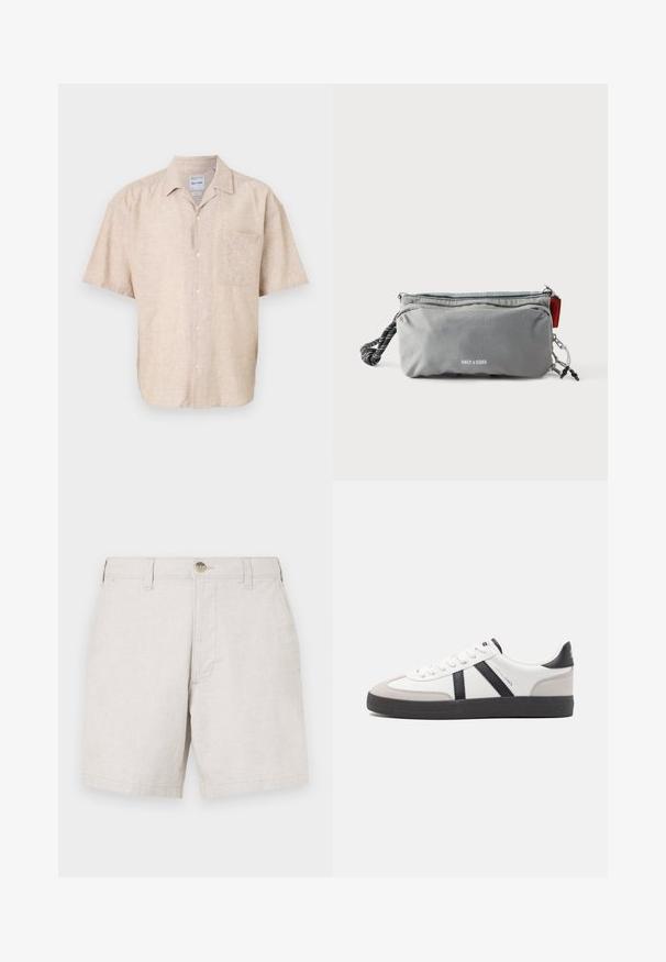 Kortærmet skjorte med knapper i beige linnedblanding, med en brystlomme, subtil tekstur og et klassisk kravedesign.; Beige linnedshorts med lige snit, der har en frontknaplukning, bæltestropper og to sidelommer. Tekstureret stof.; Hvide sneakers med sorte og grå detaljer, med en tekstureret grå tåhætte, sort gummisål og flade hvide snørebånd. Rent design, minimalistisk stil.; Grå rektangulær pung med lynlåse, sort-hvidt tovshåndtag på den ene side og teksten "ONLY & SONS" foran i centrum.