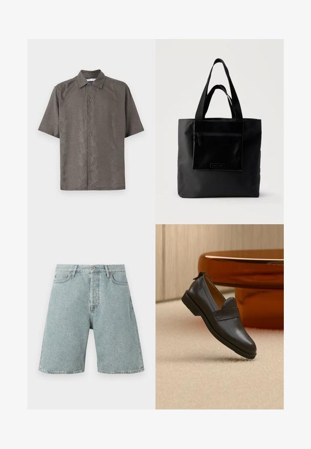 Korte mouwen, olijfgroen shirt in een gestructureerde stof met een geperst bladdessin, voorzien van een klassieke kraag en knoopsluiting aan de voorkant.; Lichtblauwe denim shorts met een relaxed fit, vijf zakken en een knoopsluiting. Verweerde textuur met zichtbare stikdetails.; Zwarte leren loafer met lage hak zwevend boven een beige tapijt, naast een glanzende amberkleurige tafel in een minimalistische kamer.; Zwarte boodschappentas met voorvak met ritssluiting en dubbele handvatten, afgebeeld tegen een effen lichte achtergrond.