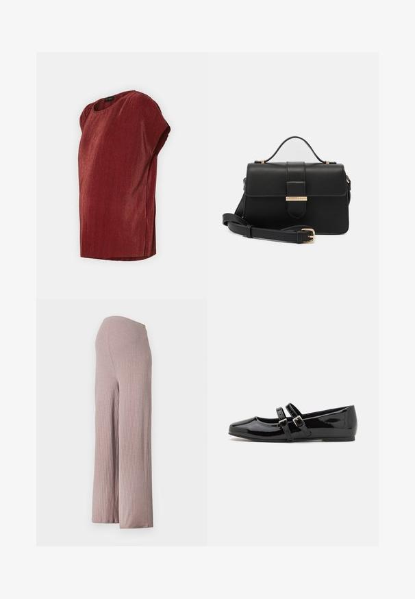 Top de canalé rojo con mangas cortas, cuello redondo y un corte relajado. Tejido suave con rayas verticales, que cuenta con aberturas en los laterales del dobladillo.; Pantalones de pierna ancha de color rosa claro, acanalados, con una cinturilla sin costuras, que presentan un tejido suave y texturizado y una silueta relajada.; Zapatos de charol negro con punta cuadrada, que cuentan con dos correas ajustables con hebillas en el medio del pie y una suela plana y de bajo perfil.; Bolso de mano de cuero negro con acentos metálicos dorados, forma rectangular, cierre con solapa, correa de hombro ajustable, textura suave, diseño minimalista.