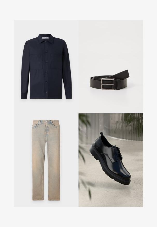Samsøe Samsøe TAKA JO OVERSHIRT - Skjorter - dark blue; Lys beige denim jeans med lige snit. Har fem lommer, en knaplukning og diskret falmning langs stoffets overflade.; Sorte lædersko med en blank overflade, rund tå, snøredesign, kontrastsyninger og en tyk gummisål med mønster.; Sort læderbælte med en mat finish, der har en rektangulær metalspænde og et rem med Calvin Klein-logoet.
