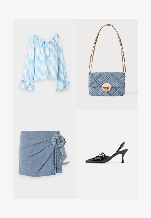 Lichtblauwe en witte geruite off-shoulder blouse met lange pofmouwen, gerimpelde manchetten en een gestrikte strik bij de halslijn.; Denim wikkel met een lichtblauwe tint, gedetailleerde plooien en een decoratieve bloemenaccent met een hangend lint. Zachte textuur en casual ontwerp.; ALOHAS JOELLE ONIX - Klassieke pumps - black; Gewatteerde blauwe denim schoudertas met goudkleurige kettingriem en een ronde gouden gesp aan de voorflap.