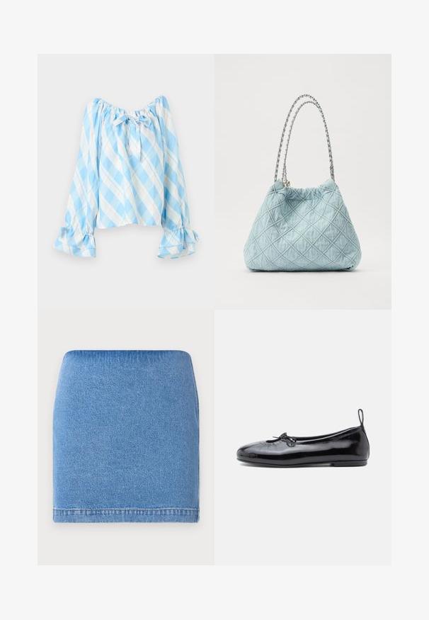 Lyseblå og hvide ternet off-shoulder bluse med lange pufærmer, flæsekantede manchetter og en bindebånd i halsudskæringen.; Lysblå denim mini nederdel med en tætsiddende pasform, lige kant og subtil tekstur. Ingen synlige lukninger eller lommer.; Sorte patenterede læder ballet flats med rund tå, lille sløjfedetalje og glat tekstur; har en lav flad sål og en træksløjfe ved hælen.; Pudret lys blå håndtaske med en rund form, udstyret med sølvfarvede kædetræk og en samlet top, der fremhæver et struktureret stofmønster.