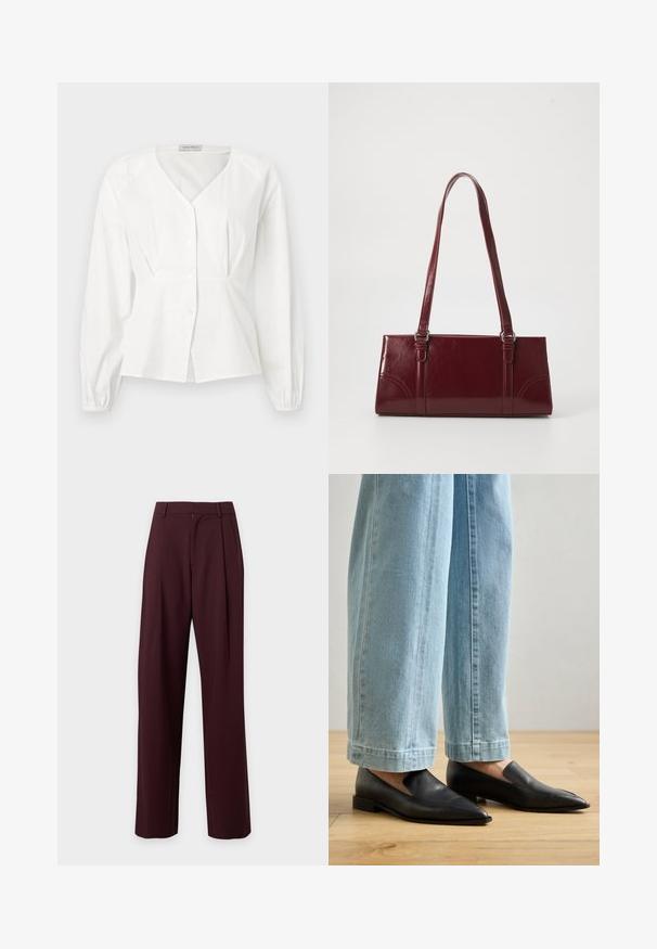 Blouse blanche à manches longues avec col en V, boutonnée à l'avant, taille cintrée et poignets élastiques, présentée sur un fond uni.; Pantalon marron foncé taille haute sur mesure avec jambes droites et passants de ceinture, présenté sur un fond clair uni.; Chaussures en cuir noir à bout pointu et à enfilage, associées à un jean large bleu clair, sur un sol en bois.; Sac à main bordeaux en matériau brillant, de forme rectangulaire, avec deux anses et des accents légèrement courbés à l'avant.