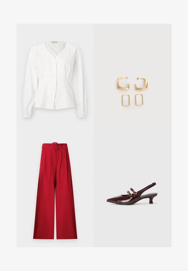 Blouse blanche à manches longues avec col en V, boutonnée à l'avant, taille cintrée et poignets élastiques, présentée sur un fond uni.; Pantalon rouge taille haute à jambes larges, avec plis à l'avant et ceinture assortie en tissu dotée d'une boucle rectangulaire.; Marco Tozzi Escarpins - bordeaux; Deux paires de Boucles d'oreilles créoles géométriques dorées sur une surface blanche unie, une paire carrée et pleine, une paire rectangulaire et creuse.