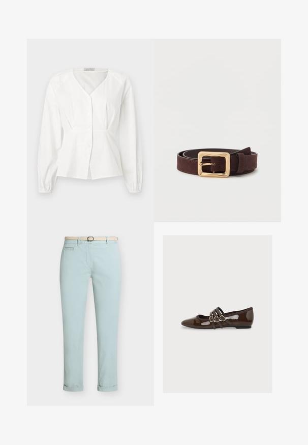 Blouse blanche à manches longues avec col en V, boutonnée à l'avant, taille cintrée et poignets élastiques, présentée sur un fond uni.; Pantalon bleu clair ajusté avec revers et ceinture tissée écrue sur un fond uni.; Chaussure plate en cuir verni marron foncé avec bout pointu et trois fines brides avec boucles dorées sur le dessus.; Ceinture en cuir marron foncé avec une large boucle carrée dorée, enroulée à plat sur une surface blanche.