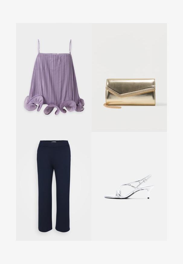 Top sin mangas plisado color lavanda con tirantes finos y dobladillo rizado con volantes sobre un fondo blanco liso.; Pantalones rectos de color azul marino, confeccionados en una tela elástica, que cuentan con una cinturilla plana y dos bolsillos laterales para mayor funcionalidad.; Sandalia plateada de tiras con tacón delgado, material brillante, diseño de punta abierta y correa ajustable en el tobillo.; Pequeño bolso de mano dorado brillante con solapa de sobre y una delicada cadena dorada sobre un fondo blanco.
