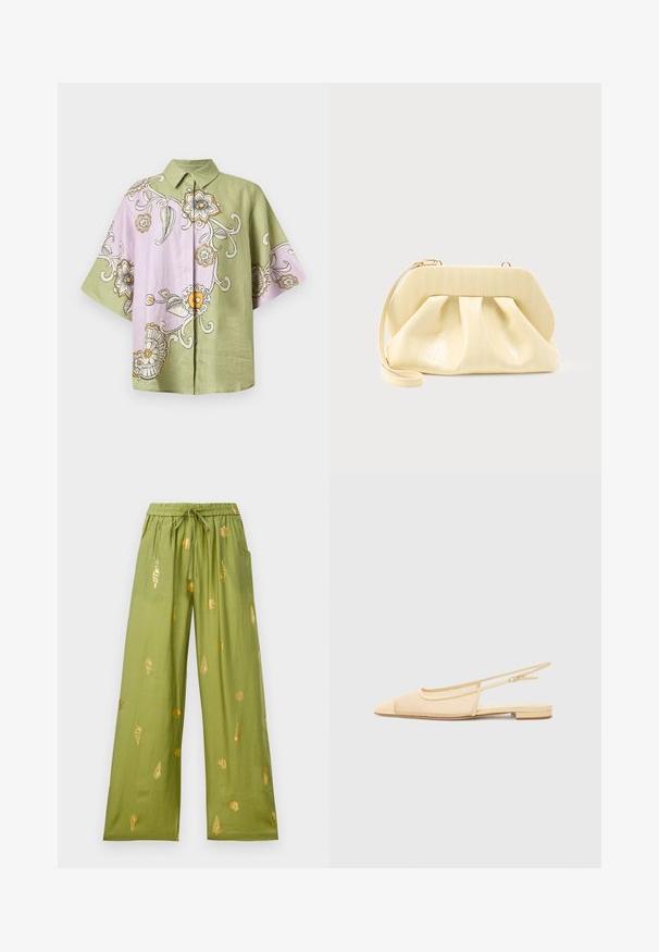 Chemise à manches courtes avec un design en blocs de couleur vert et lavande, ornée de motifs floraux en noir, jaune et blanc. Col classique avec une coupe décontractée.; Pantalons larges olive avec taille élastique et cordon de serrage, décorés de motifs en or de coquillages et de conques.; Chaussure plate slingback en beige clair avec une tige en maille, un bout pointu et un petit talon. Dotée d'une sangle ajustable pour un bon maintien.; Pochette en cuir couleur crème avec un cadre supérieur structuré et une lanière pour poignet, présentée sur un fond clair uni.