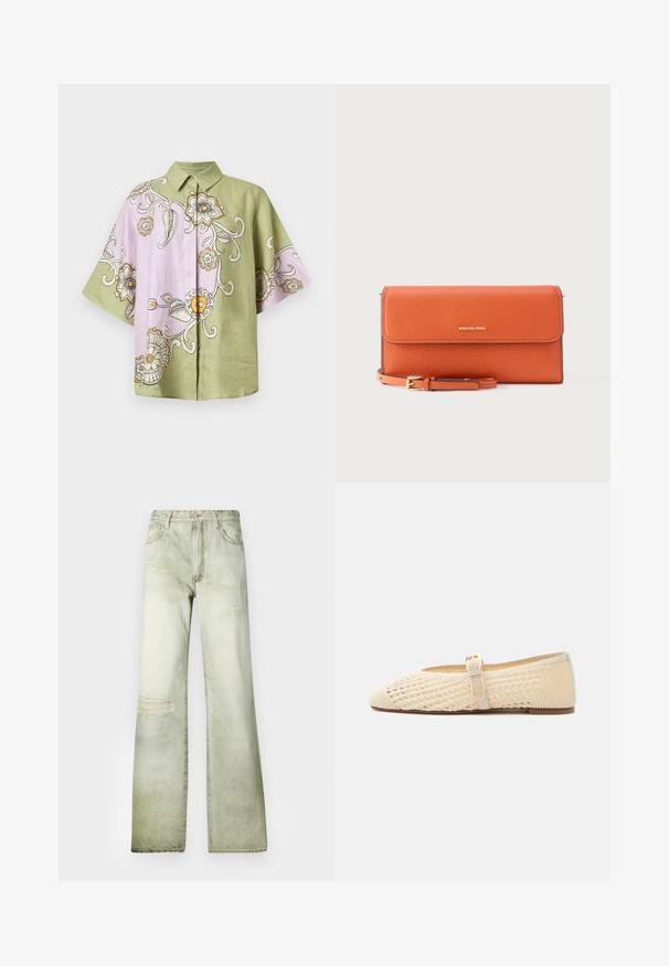 Kortærmet skjorte med et farveblok-design i grøn og lavendel, dekoreret med blomster mønstre i sort, gul og hvid. Med krave og en afslappet pasform.; Falmette grønne denimjeans med høj talje, bred benudskæring og slidte lapper. Har knaplukning og fem lommer.; Beige flad Mary Jane sko med vævet tekstur og spænde, spids tå og lav hæl på hvid baggrund.; Orange håndledsclutch i pebble-læder med guld Michael Kors-logo og matchende justerbar rem med guldlås på grå baggrund.