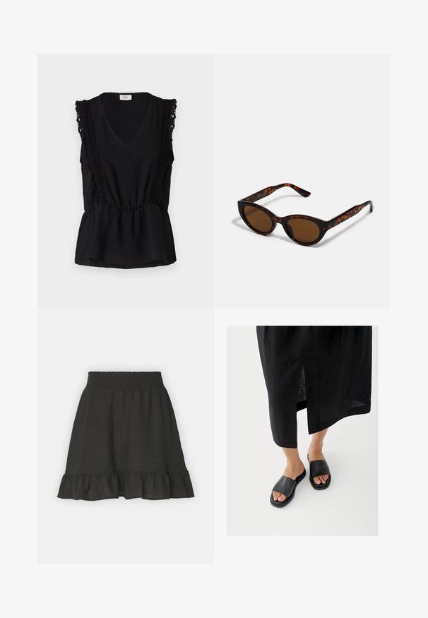 Sort ærmeløs top med V-udskæring, hæklet detalje på skuldrene, sammensamlet talje og peplum kant. Fremstillet af letvægtsstof.; Sort knælang nederdel lavet af tekstureret stof, med en smocket talje og en flæse forneden. Enkel design uden mønstre eller detaljer.; Sorte slidssandaler med bred rem, flad sål og minimalistisk design. Materialet virker glat med en mat finish.; Brune skildpadde solbriller med en vintage katteøje-form og brune linser. Har buede arme med røde detaljer.