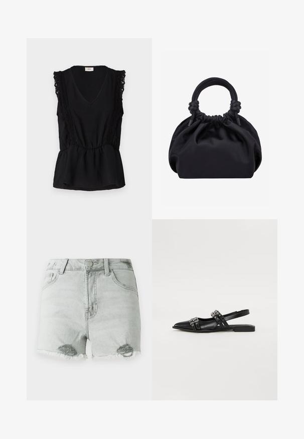 Haut sans manches noir avec un col en V, des détails en crochet sur les épaules, une taille froncée et un ourlet peplum. Fabriqué en tissu léger.; Shorts en denim gris clair avec une taille haute, des détails déchirés et des ourlets effilochés, ainsi que deux poches avant. Le tissu semble doux et usé.; Even&Odd by Zalando Ballerines à brides arrière - black; Sac à main en tissu noir doux avec haut froncé et poignées circulaires rembourrées nouées de chaque côté.