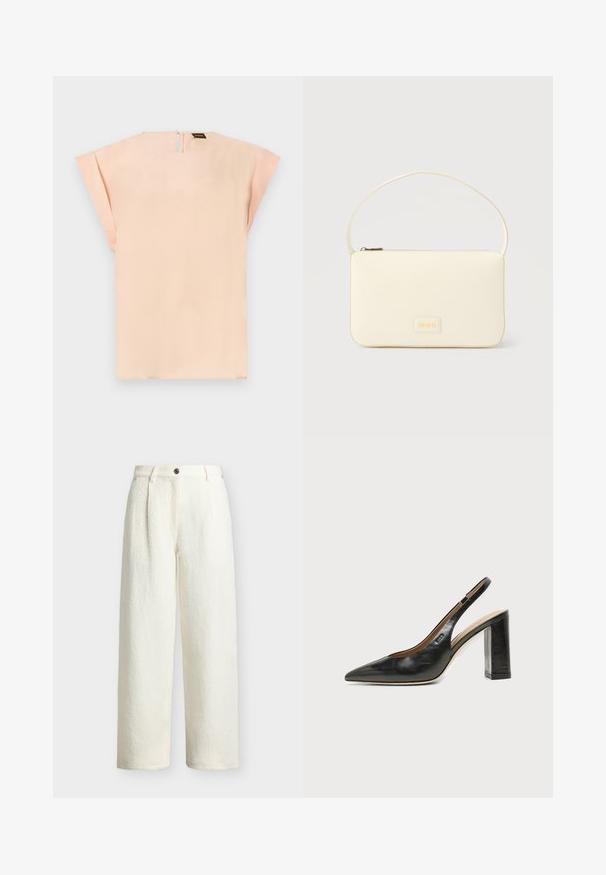 Blouse courte à manches courtes couleur pêche douce avec des manches larges et une petite ouverture en forme de goutte dans le dos fermée par un bouton.; Pantalon large taille haute couleur crème en tissu texturé, fermeture devant par boutons, passants de ceinture et poches latérales.; Chaussure slingback en cuir noir à bout pointu avec un talon bloc haut et une doublure intérieure beige sur un fond clair uni.; Sac à main rectangulaire de couleur crème avec une seule sangle et une fermeture éclair sur le dessus, comportant une petite plaque de logo embossé à l'avant.