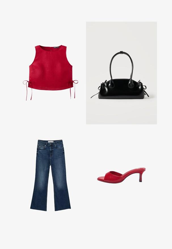 Crop top rouge sans manches avec encolure ronde, liens latéraux et fermeture à boutons au dos, fabriqué en tissu léger.; Jean en denim à jambes larges en lavage bleu foncé avec une texture lisse, comportant des poches avant, des passants de ceinture et une fermeture à bouton.; Mule en cuir rouge à bout ouvert avec un talon bas incurvé et une large bride à l'avant pour un look élégant et stylé.; Petit sac à main noir brillant avec deux longues anses et des détails à cordon sur les côtés sur un fond clair uni.