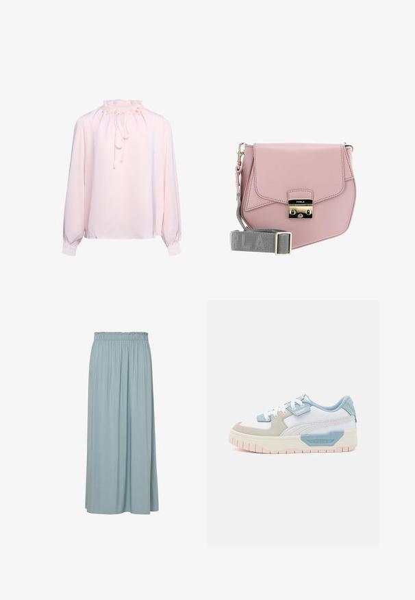 Chemisier rose pâle à manches longues, col montant à volants, lien devant, détails de perles et poignets boutonnés. Aucun motif ou imprimé visible.; Jupe maxi bleu clair avec une taille élastique froncée, fabriquée en tissu doux, présentant des plis verticaux pour la texture et le mouvement.; Baskets avec une tige en cuir blanc, des accents bleu clair, des panneaux en suède beige et une semelle en caoutchouc rose texturée ; logo brodé sur le côté.; Sac à bandoulière en cuir rose avec un rabat, quincaillerie argentée, et une bandoulière grise arborant le nom de la marque. Texture lisse, design minimaliste.