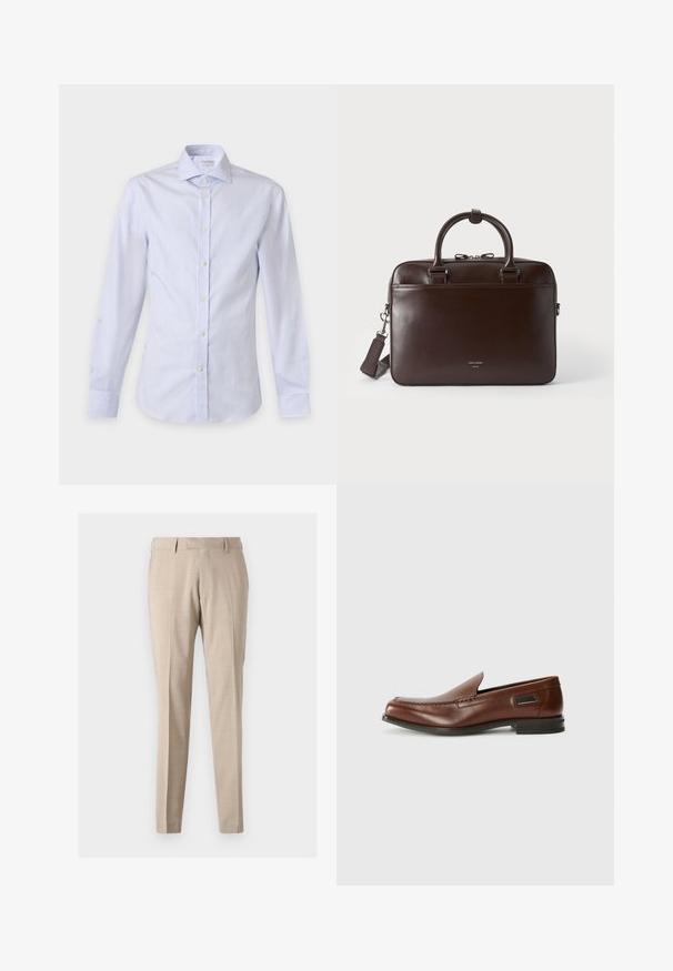 Hellblau-weiß gestreiftes Hemd mit langen Ärmeln, spitzem Kragen und weißen Knöpfen vorne.; Beige, taillierte Hose aus leichtem Stoff, mit vorderen Falten, zwei seitlichen Taschen und einer glatten Textur.; Stuart Weitzman BURT - Slipper - auburn; Dunkelbraune Lederaktentasche mit zwei Griffen, einem abnehmbaren Schulterriemen und einem kleinen Logo vorne auf schlichtem Hintergrund.