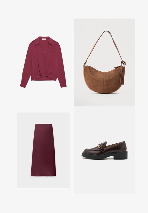 Bordeauxkleurig longsleeve shirt met een kraag, V-hals en gedraaide knoopdetail aan de voorkant. Zachte textuur en een relaxte pasvorm.; Rechte midi-rok in effen donker bordeauxkleur met gladde stof en zonder zichtbare patronen of versieringen.; Bruine leren instapschoen met een gouden accent gesp, zwarte blokhak en een gladde textuur. Het zijaanzicht toont de ronde neus en gestikte details.; Bruine suède handtas met een gebogen, halve maanvorm. Voorzien van een schouderriem, een klein label en zichtbare stiksels langs de randen.