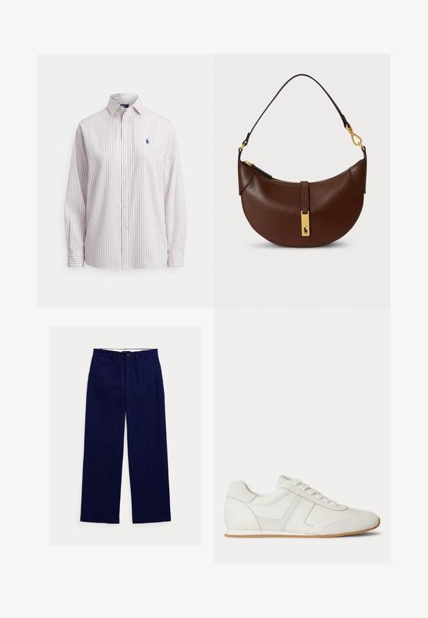 Camisa de manga larga con botones, con finas rayas verticales rojas y azules, cuello puntiagudo y pequeño logo bordado en azul marino de un caballo en el pecho.; Pantalones azul marino de corte recto con trabillas para cinturón, cierre frontal con botones y bolsillos laterales sobre fondo blanco.; Zapatilla blanca de corte bajo con cordones en la parte frontal, paneles de ante y cuero, y una suela de goma marrón claro sobre un fondo blanco.; Bolso de cuero marrón con forma curva, detalles de hardware en oro, cierre de cremallera y una pequeña placa con el logo en el frente.