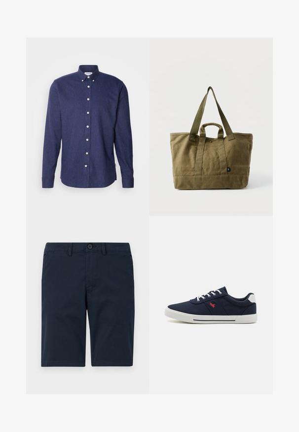 Lindbergh BRUSHED SHIRT - Vapaa-ajan kauluspaita - navy; Tummansiniset shortsit, jotka on valmistettu puuvillasekoitteesta, varustettu napin sulkemisella, vyölenkeillä ja suoralla helmalla, jossa on minimaalista koristelua.; Laikansiniset kangaskengät valkoisilla pohjilla, joissa on punainen logo, valkoiset rei'itykset ja siniset nauhat. Sileä pinta ja matalaprofiilinen muotoilu.; Oliivinvihreä kangaskassi, jossa on kaksi kantokahvaa, yksi lyhyt ja yksi pitkä hihna, yksinkertaista valkoista taustaa vasten.