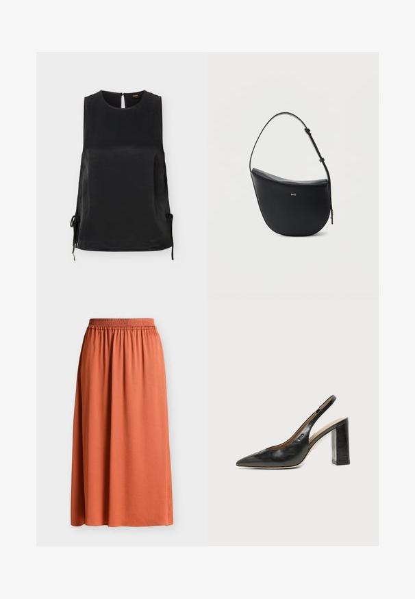 Blouse sans manches en satin noir avec encolure ronde, détails noués sur les côtés et fermeture par boutons au dos.; Jupe midi orange rouille avec taille élastique froncée et tissu lisse et fluide sur fond uni.; Chaussure slingback en cuir noir à bout pointu avec un talon bloc haut et une doublure intérieure beige sur un fond clair uni.; Sac à bandoulière en cuir noir en forme de demi-lune avec une bandoulière réglable et le logo doré « BOSS » centré sur le devant.