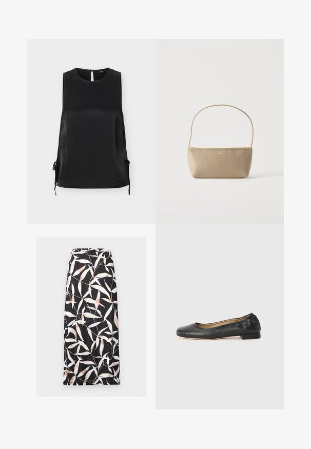 Blouse sans manches en satin noir avec encolure ronde, détails noués sur les côtés et fermeture par boutons au dos.; Jupe midi noire avec motif abstrait de feuilles blanches et beiges, coupe droite et taille ajustée.; Ballerines en cuir noir avec un bout arrondi et des coutures minimales. Talon bas et rectangulaire avec une texture lisse. Détails subtils de doublure intérieure.; Sac à main tissé beige avec fine bandoulière et petit logo doré "BOSS" à l'avant, présenté sur fond blanc uni.