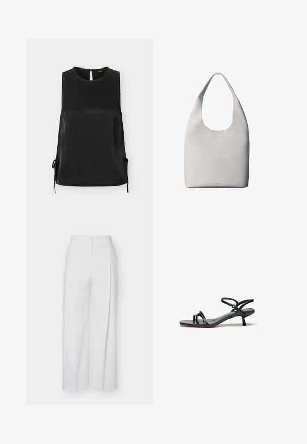 Blouse sans manches en satin noir avec encolure ronde, détails noués sur les côtés et fermeture par boutons au dos.; Pantalon blanc taille haute à jambes larges avec des détails de couture devant et une fermeture avant dissimulée, présenté sur un fond uni.; Sandale en cuir noir au design épuré et minimaliste. Dotée de deux fines lanières et d'un petit talon incliné. Texture lisse et bout ouvert.; Sac fourre-tout en cuir blanc avec une bandoulière unique, texture douce et logo discret Calvin Klein près du centre en bas.