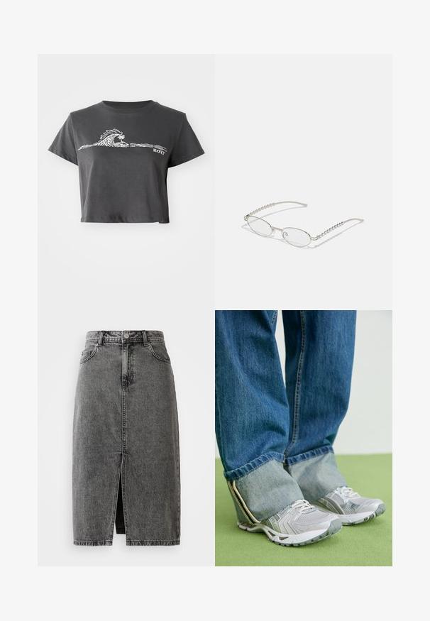 Donkere grijze cropped T-shirt met een witte gestileerde golf, palmboom grafiek en "ROXY" tekst op de voorkant.; Hoge taille, vervaagde zwarte denim midi-jurk met een split aan de voorkant, riemlussen en een klassieke vijf-pocket ontwerp.; Grijze sportieve schoenen van mesh materiaal met witte accenten, in combinatie met blauwe denim jeans die aan de enkels zijn omgeslagen.; Ovale brillen met een metallic zilveren montuur, heldere glazen en getextureerde kraalaccenten op de tempels. Lichtgewicht ontwerp met gebogen armen.