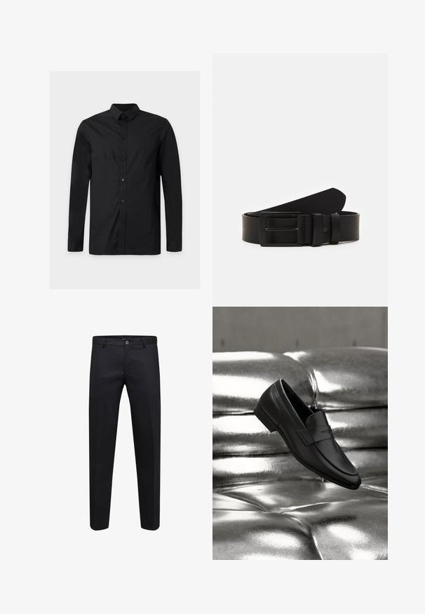 Camisa negra lisa de manga larga con botones y cuello clásico, mostrada sobre un fondo gris claro.; Pantalones formales negros con cierre de botón y cremallera, corte recto y trabillas para cinturón, mostrados sobre un fondo blanco.; Zapato mocasín de cuero negro colocado sobre un fondo de cojín capitoné plateado metálico brillante.; Cinturón de cuero negro enrollado con una hebilla metálica rectangular negra mate y dos trabillas sobre un fondo blanco.