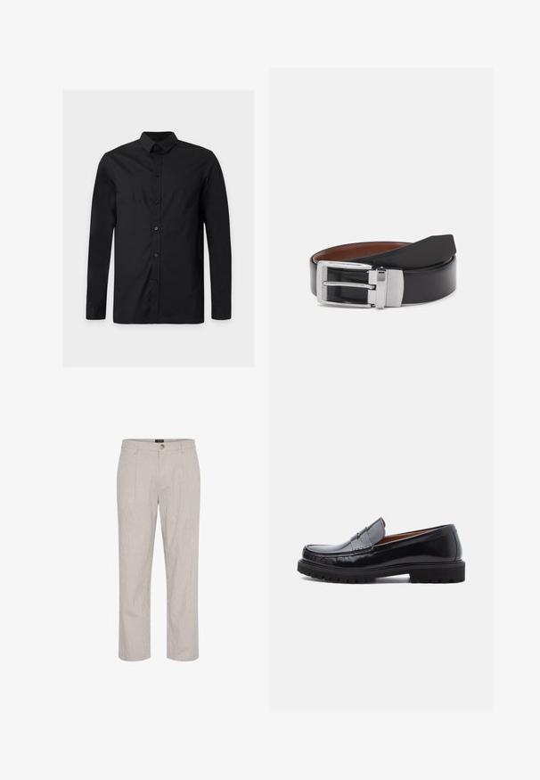 Chemise noire unie à manches longues avec boutons et col classique, présentée sur un fond gris clair.; Pantalons rayés gris clair, coupe droite, avec une fermeture à bouton unique à la taille et deux poches avant. Texture lisse.; Mocassin penny en cuir noir avec semelle en caoutchouc épaisse et couture moc toe, montré de profil sur un fond blanc.; Ceinture en cuir noir avec une boucle rectangulaire en métal argenté dotée d'une texture et d'une finition lisse. Doublure marron visible à l'intérieur.