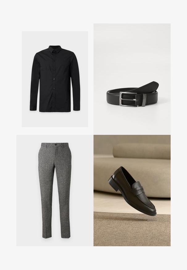 Camisa negra lisa de manga larga con botones y cuello clásico, mostrada sobre un fondo gris claro.; Lindbergh PANTS - Pantalones - brown; Zapato mocasín de cuero negro descansando sobre una alfombra beige con un sofá beige curvado en el fondo.; Cinturón de cuero negro con hebilla de metal plateada, que presenta un acabado suave y un diseño clásico. El cinturón está neatly doblado.