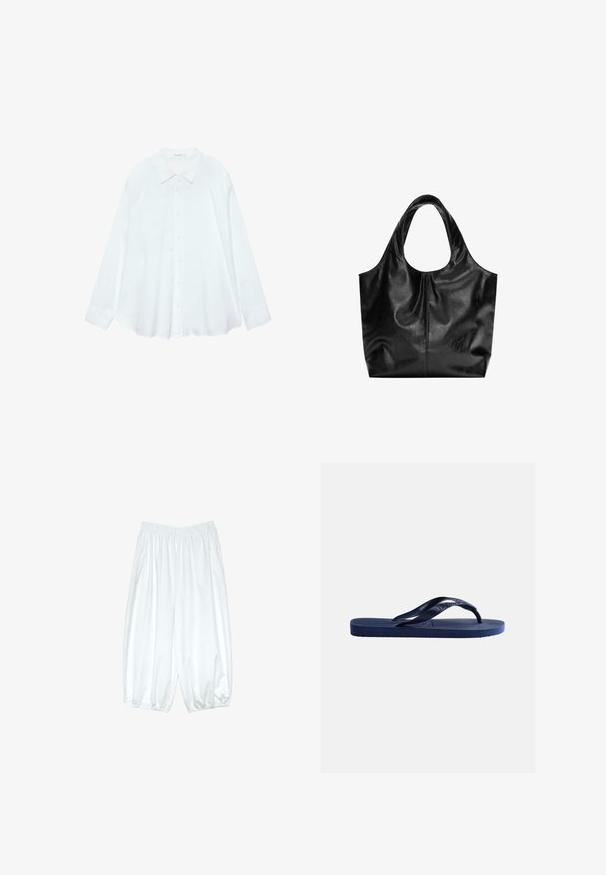 Chemise blanche à manches longues avec col pointu et manches retroussées, posée à plat sur un fond blanc.; Pantalon blanc ample avec taille élastique et poignets élastiques froncés, doté de poches latérales, posé à plat sur fond blanc.; Sandale tong en caoutchouc bleu marine avec semelle texturée et bride en forme de Y sur fond clair uni.; Sac fourre-tout en cuir noir avec une texture lisse, un haut arrondi doux et de larges poignées. Présente une couture minimale et une silhouette décontractée.