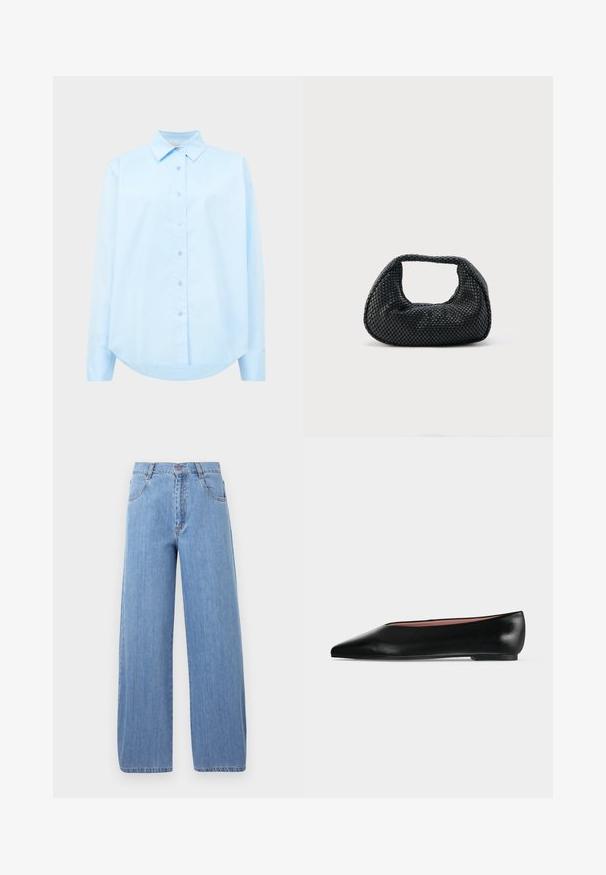 Lichtblauwe overhemd met lange mouwen van katoen, met een puntkraag, knoopsluiting aan de voorkant en een gebogen zoom. Glad textuur met een subtiele glans.; Lichtblauwe wijde jeans van denim, met een hoge taille, steekzakken en subtiele stiksels op de naden.; Zwarte leren damesschoen met platte zool, puntige neus en lage hak, zijwaarts afgebeeld tegen een effen lichtgrijze achtergrond.; Zwarte geweven hobo-tas met een zachte structuur en geïntegreerd handvat, weergegeven op een effen lichte achtergrond.