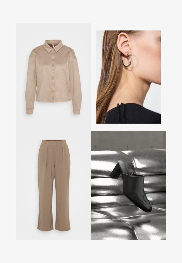 Beige skjorte med knapper lavet af blødt, suede-lignende materiale. Har en krave, lange ærmer og træknapper ned ad fronten.; Brune, vide bukser lavet af blødt stof med frontfolder og elastisk talje for komfort. Rent, minimalistisk design.; Sort lædermule med blokhæl hvilende på en skinnende sølvpolstret overflade, der fremhæver dens elegante design og buede detaljer.; Sølv hoop ørestik med en poleret overflade, prydet med små guld accenter og en rund form, båret på øreflippen.