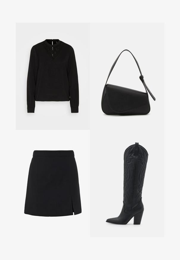 Vero Moda VMTANNA - Camiseta de manga larga - black; Minifalda negra línea A con cintura alta y una pequeña abertura en el lado delantero derecho.; Zign by Zalando LEATHER - Botas camperas - black; Bolso de mano de cuero negro con forma triangular, tapa en ángulo y un asa superior redondeada. Presenta una textura suave y detalles de diseño minimalistas.