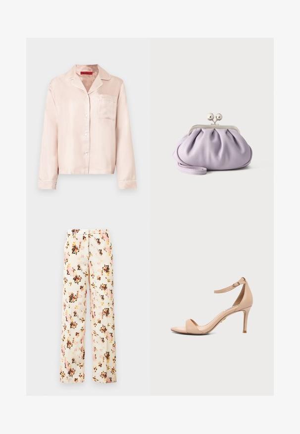 Haut de pyjama rose en satin à manches longues avec col cranté, boutons sur le devant, une poche poitrine simple et passepoil blanc le long des bords.; Pantalons larges à fleurs en crème, avec un mélange de fleurs roses, orange et noires. Tissu lisse avec une coupe décontractée et sans poches extérieures.; Sandale beige à talon haut avec bride de cheville et boucle, bout ouvert et talon aiguille fin sur un fond clair uni.; Pochette lavande douce avec tissu froncé, fermoir kiss-lock argenté et bracelet assorti sur un fond clair uni.