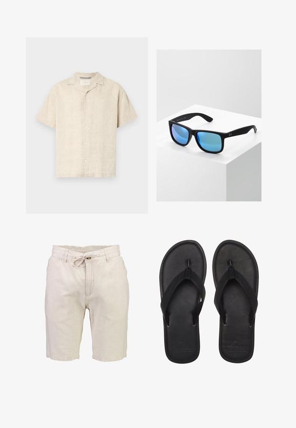 Helles beige Kurzarm-Hemd mit Knopfleiste aus Leinen, das einen Camp-Kragen, klare Linien und eine subtile Textur aufweist, mit fünf Frontknöpfen.; Helle beiges Leinen-Shorts mit elastischem Bund, verstellbarem Kordelzug und zwei Fronttaschen. Glatte Textur mit entspannter Passform.; Schwarze Flip-Flops aus glattem Material, mit einem Riemen im Zehensteg-Stil, strukturiertem Fußbett und geprägtem Logo auf der Sohle.; Schwarze rechteckige Sonnenbrille mit blauen verspiegelt Gläsern. Hat eine matte Oberfläche und das Ray-Ban-Logo an den Bügeln.