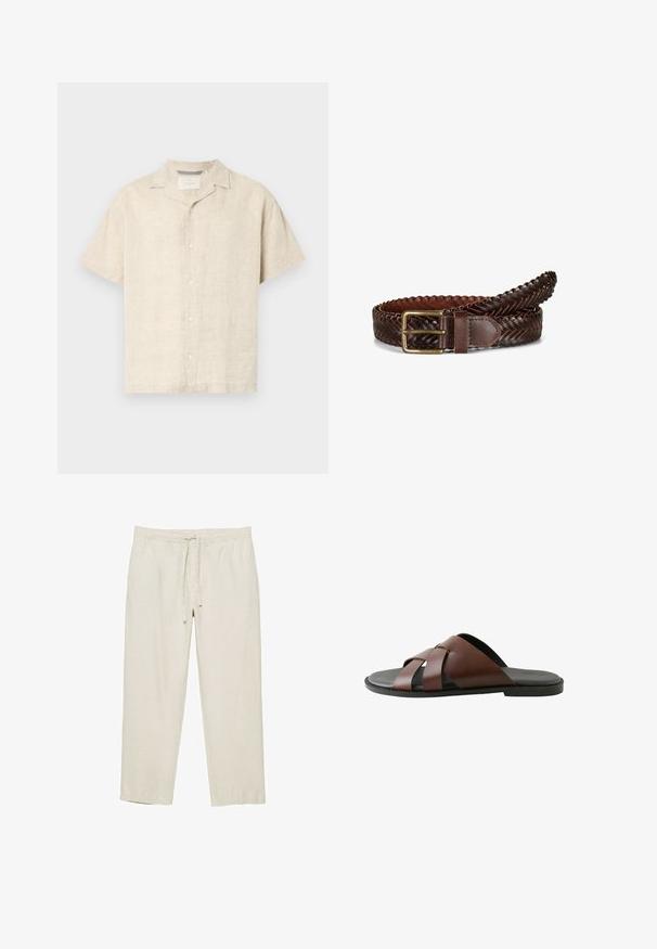 Lichtbeige korte mouwen overhemd met knopen, gemaakt van linnen, met een camp collar, strakke lijnen en een subtiele textuur, met vijf knopen aan de voorkant.; Beige casual broek met elastische tailleband en voorste trekkoord, gemaakt van lichtgewicht stof, afgebeeld op een witte achtergrond.; Bruine leren herensandaal met gekruiste bandjes en zwarte zool, zijaanzicht op witte achtergrond.; Donkerbruine gevlochten leren riem met een rechthoekige messing gesp, opgerold met gedetailleerd stiksel op de gesp lus tegen een witte achtergrond.