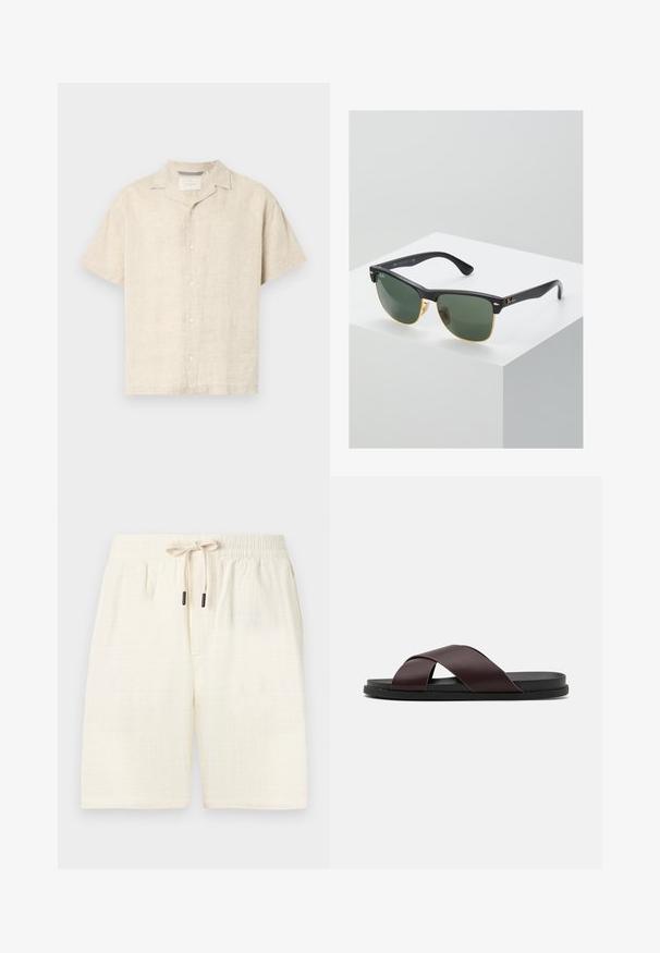 Chemise à manches courtes beige clair en lin, dotée d'un col camp, de lignes épurées et d'une texture subtile, avec cinq boutons à l'avant.; Shorts de couleur crème en tissu texturé avec un motif à carreaux. Équipés d'une taille élastique avec un cordon de serrage et de deux poches latérales.; Sandale à glissière à lanières croisées de couleur marron, dotée d'une finition mate, d'une semelle noire plate et d'une texture lisse. Design minimaliste sans matériel visible.; Lunettes de soleil Ray-Ban avec des verres verts, monture en plastique noir et accents dorés sur les bords. Forme carrée avec une finition mate.