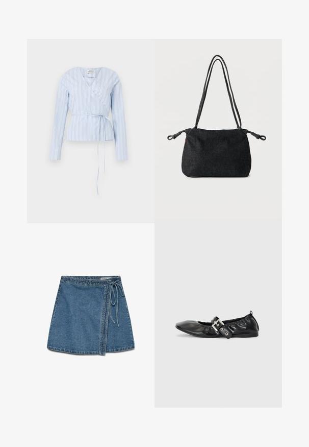 Lyseblå slå-om-bluse med lodrette hvide og marineblå striber, lange ærmer, V-hals og et bindebælte ved taljen.; Denim indigo omslagskørt i lys blå med et bånd i taljen, der har en lige pasform og en glat tekstur. Ingen synlige mønstre eller dekorationer.; Sorte læder flade sko med spids tå, samling detaljer omkring åbningen, og en sølv spænde accent på den justerbare rem.; Sort denim skuldertaske med dobbelte rebstropper og knuder i enderne på hver side, sat mod en ensartet hvid baggrund.